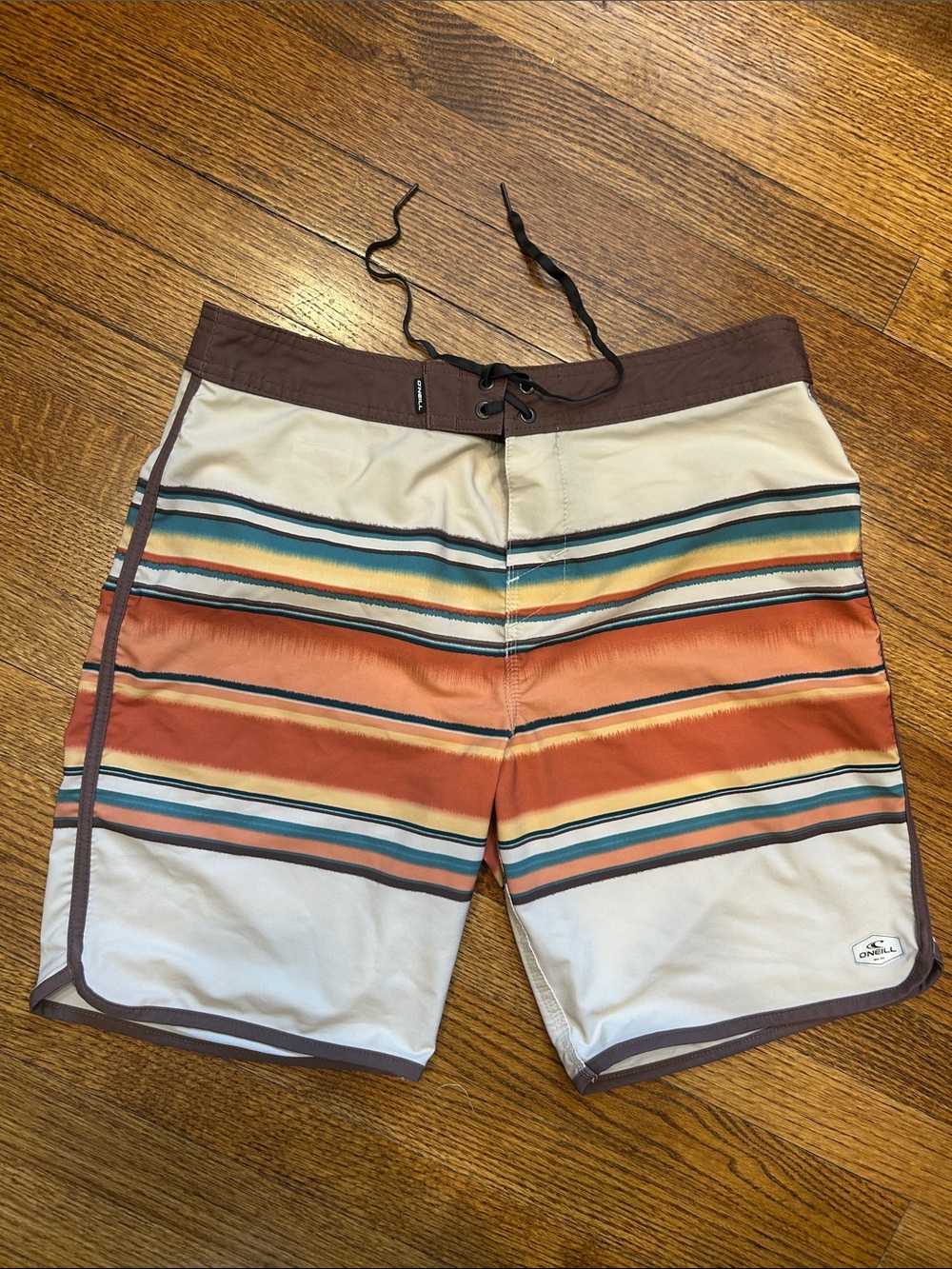 O'Neill Men's Multi-Stripe Cream & Orange Swim Board Shorts - Size 32